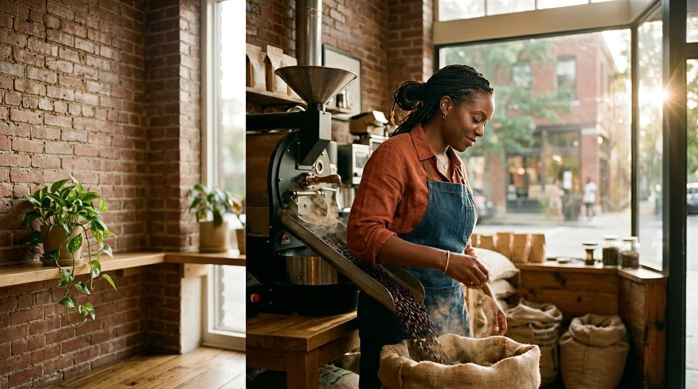 A coffee shop owner roasting beans beside the front window of her brick storefront